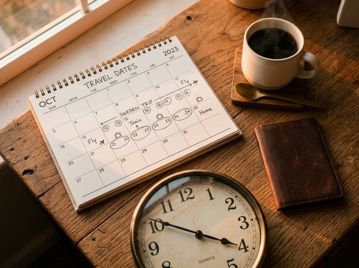 Calendar and clock on traveler's desk, planning a Vietnam trip
